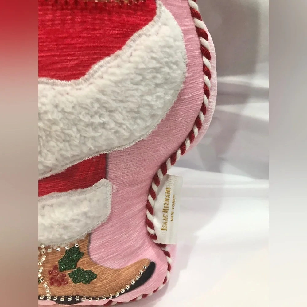 Isaac Mizrahi Christmas embellished festive cowboy western Santa pink pillow new